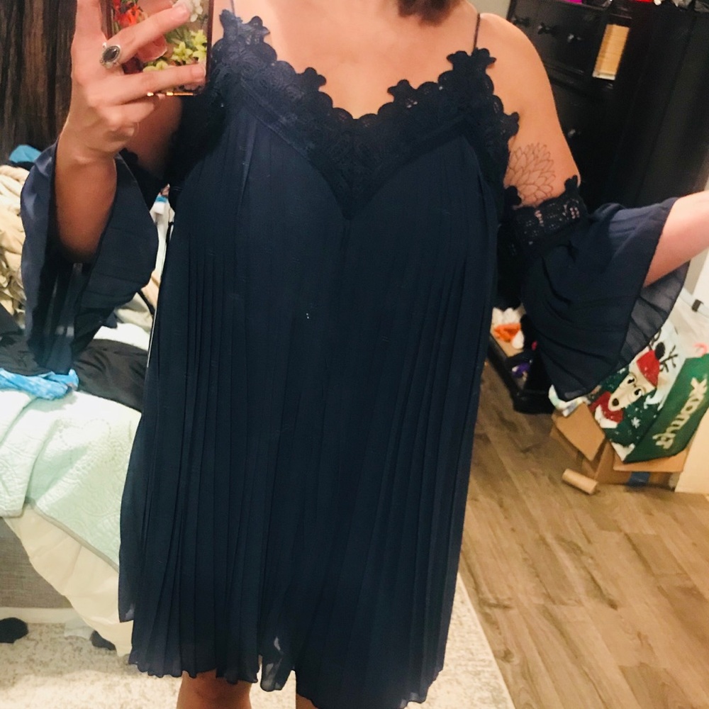 Navy blue pleated swing dress